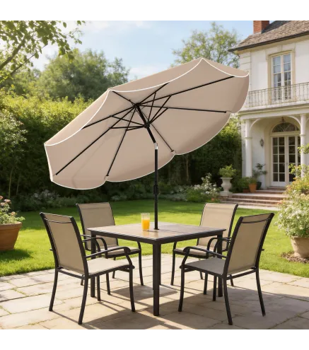 Sombrilla Terraza Exterior Ø2,7 m Sombrilla con Inclinación Ajustable 3 Posiciones Manivela y Volante Caqui