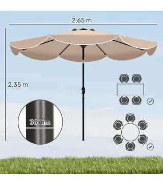 Sombrilla Terraza Exterior Ø2,7 m Sombrilla con Inclinación Ajustable 3 Posiciones Manivela y Volante Caqui