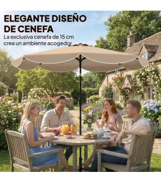 Sombrilla Terraza Exterior Ø2,7 m Sombrilla con Inclinación Ajustable 3 Posiciones Manivela y Volante Caqui