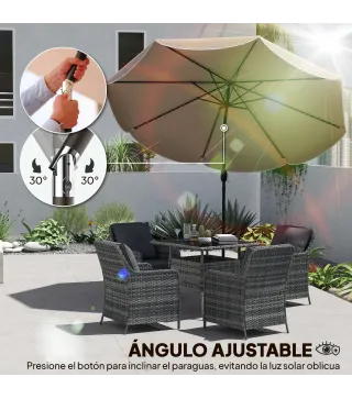 Sombrilla Terraza Exterior Ø2,7 m Sombrilla con Inclinación Ajustable 3 Posiciones Manivela y Volante Caqui