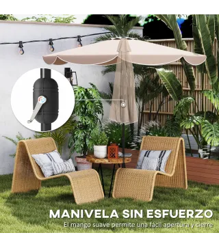 Sombrilla Terraza Exterior Ø2,7 m Sombrilla con Inclinación Ajustable 3 Posiciones Manivela y Volante Caqui