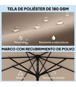 Sombrilla Terraza Exterior Ø2,7 m Sombrilla con Inclinación Ajustable 3 Posiciones Manivela y Volante Caqui