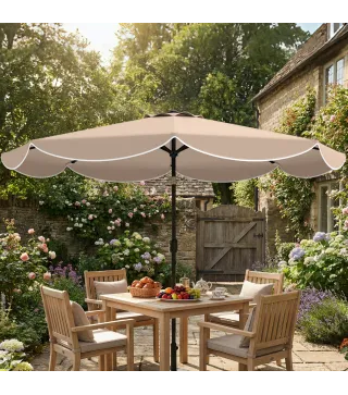 Sombrilla Terraza Exterior Ø2,7 m Sombrilla con Inclinación Ajustable 3 Posiciones Manivela y Volante Caqui