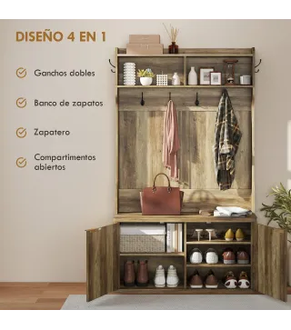 Perchero Zapatero 4 en 1 Perchero Moderno con Estante Abierto para Pasillo Entrada Dormitorio 100x38x172 cm Roble