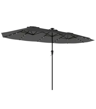 Sombrilla Doble de Jardín 4x2 m con 36 Luces LED UPF50+ Manivela 12 Varillas Resistente al Agua Gris Oscuro