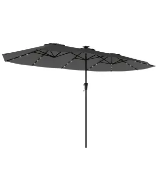 Sombrilla Doble de Jardín 4x2 m con 36 Luces LED UPF50+ Manivela 12 Varillas Resistente al Agua Gris Oscuro