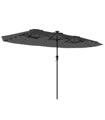 Sombrilla Doble de Jardín 4x2 m con 36 Luces LED UPF50+ Manivela 12 Varillas Resistente al Agua Gris Oscuro