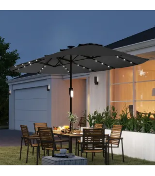 Sombrilla Doble de Jardín 4x2 m con 36 Luces LED UPF50+ Manivela 12 Varillas Resistente al Agua Gris Oscuro