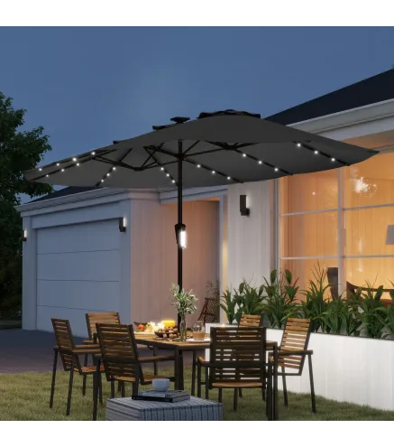 Sombrilla Doble de Jardín 4x2 m con 36 Luces LED UPF50+ Manivela 12 Varillas Resistente al Agua Gris Oscuro