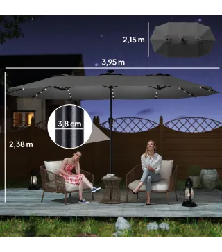 Sombrilla Doble de Jardín 4x2 m con 36 Luces LED UPF50+ Manivela 12 Varillas Resistente al Agua Gris Oscuro