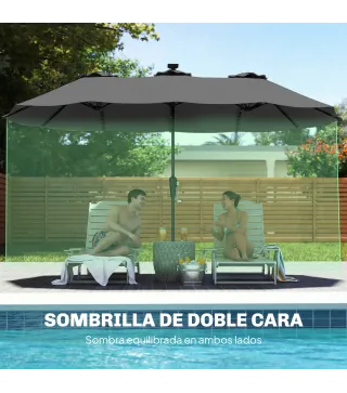 Sombrilla Doble de Jardín 4x2 m con 36 Luces LED UPF50+ Manivela 12 Varillas Resistente al Agua Gris Oscuro