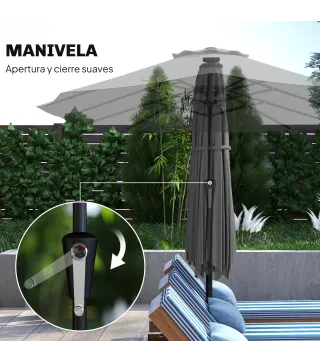 Sombrilla Doble de Jardín 4x2 m con 36 Luces LED UPF50+ Manivela 12 Varillas Resistente al Agua Gris Oscuro
