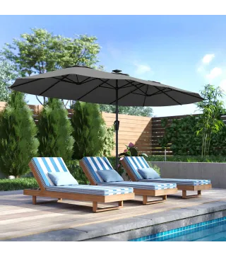 Sombrilla Doble de Jardín 4x2 m con 36 Luces LED UPF50+ Manivela 12 Varillas Resistente al Agua Gris Oscuro