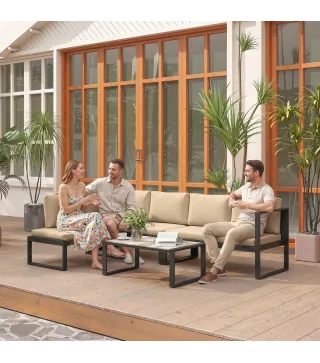 Conjunto de Jardín Exterior de 4 Piezas con 2 Sofás de 2 Plazas 1 Sillón sin Brazos y Mesa de Centro con Cojines Caqui