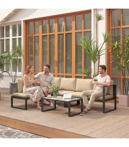 Conjunto de Jardín Exterior de 4 Piezas con 2 Sofás de 2 Plazas 1 Sillón sin Brazos y Mesa de Centro con Cojines Caqui