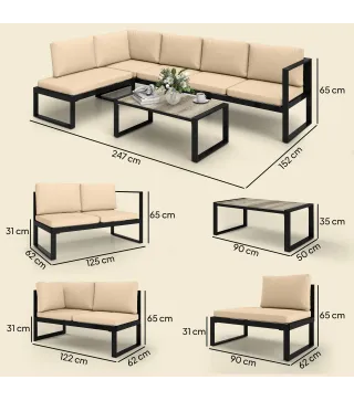 Conjunto de Jardín Exterior de 4 Piezas con 2 Sofás de 2 Plazas 1 Sillón sin Brazos y Mesa de Centro con Cojines Caqui