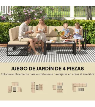 Conjunto de Jardín Exterior de 4 Piezas con 2 Sofás de 2 Plazas 1 Sillón sin Brazos y Mesa de Centro con Cojines Caqui