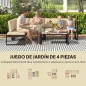 Conjunto de Jardín Exterior de 4 Piezas con 2 Sofás de 2 Plazas 1 Sillón sin Brazos y Mesa de Centro con Cojines Caqui