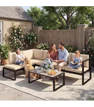 Conjunto de Jardín Exterior de 4 Piezas con 2 Sofás de 2 Plazas 1 Sillón sin Brazos y Mesa de Centro con Cojines Caqui