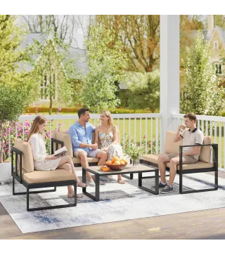 Conjunto de Jardín Exterior de 4 Piezas con 2 Sofás de 2 Plazas 1 Sillón sin Brazos y Mesa de Centro con Cojines Caqui