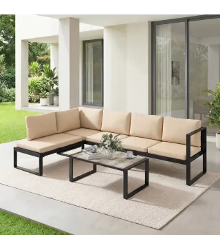 Conjunto de Jardín Exterior de 4 Piezas con 2 Sofás de 2 Plazas 1 Sillón sin Brazos y Mesa de Centro con Cojines Caqui