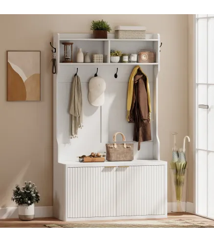 Perchero Zapatero 4 en 1 Perchero Moderno con Estante Abierto para Pasillo Entrada Dormitorio 100x38x172 cm Blanco