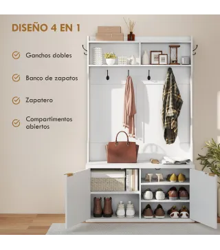 Perchero Zapatero 4 en 1 Perchero Moderno con Estante Abierto para Pasillo Entrada Dormitorio 100x38x172 cm Blanco