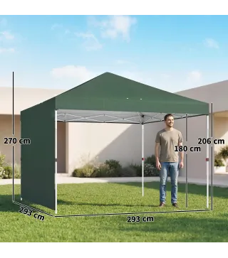 Carpa Plegable Pop-up 3x3 m con Pared Lateral UPF50+ Altura Ajustable Empuje Central Bolsa de Transporte Verde