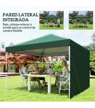 Carpa Plegable Pop-up 3x3 m con Pared Lateral UPF50+ Altura Ajustable Empuje Central Bolsa de Transporte Verde