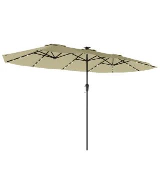 Sombrilla Doble de Jardín 4x2 m con 36 Luces LED UPF50+ Manivela 12 Varillas Resistente al Agua Beige