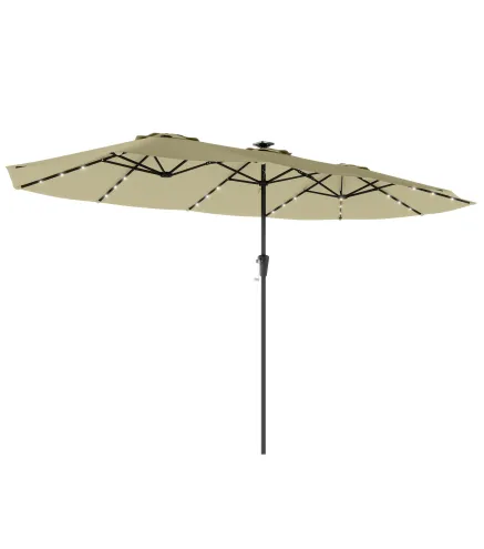 Sombrilla Doble de Jardín 4x2 m con 36 Luces LED UPF50+ Manivela 12 Varillas Resistente al Agua Beige