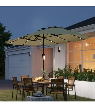 Sombrilla Doble de Jardín 4x2 m con 36 Luces LED UPF50+ Manivela 12 Varillas Resistente al Agua Beige