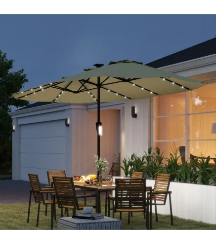 Sombrilla Doble de Jardín 4x2 m con 36 Luces LED UPF50+ Manivela 12 Varillas Resistente al Agua Beige