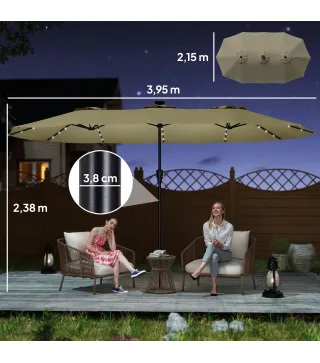 Sombrilla Doble de Jardín 4x2 m con 36 Luces LED UPF50+ Manivela 12 Varillas Resistente al Agua Beige