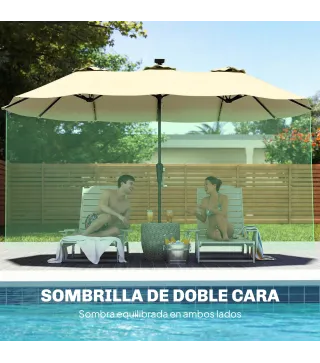 Sombrilla Doble de Jardín 4x2 m con 36 Luces LED UPF50+ Manivela 12 Varillas Resistente al Agua Beige