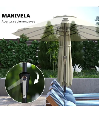Sombrilla Doble de Jardín 4x2 m con 36 Luces LED UPF50+ Manivela 12 Varillas Resistente al Agua Beige