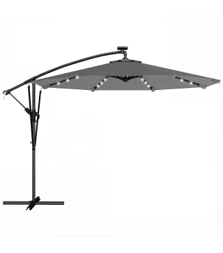 Parasol Excéntrico con Luces LED Solares 330x295 cm Sombrilla con Base Cruzada Manivela Funda Protectora Gris Oscuro
