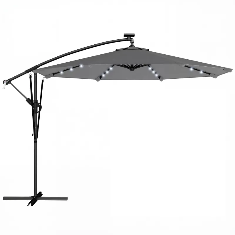 Parasol Excéntrico con Luces LED Solares 330x295 cm Sombrilla con Base Cruzada Manivela Funda Protectora Gris Oscuro