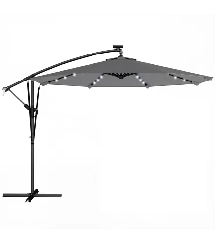 Parasol Excéntrico con Luces LED Solares 330x295 cm Sombrilla con Base Cruzada Manivela Funda Protectora Gris Oscuro