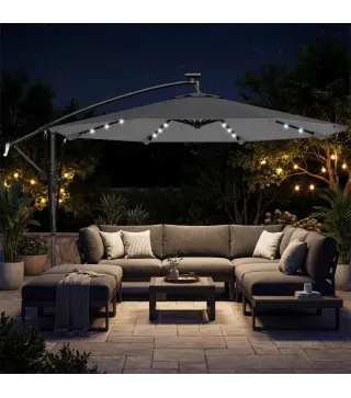 Parasol Excéntrico con Luces LED Solares 330x295 cm Sombrilla con Base Cruzada Manivela Funda Protectora Gris Oscuro