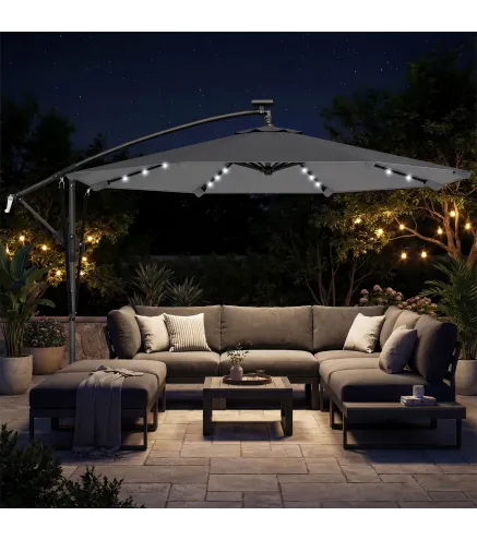 Parasol Excéntrico con Luces LED Solares 330x295 cm Sombrilla con Base Cruzada Manivela Funda Protectora Gris Oscuro