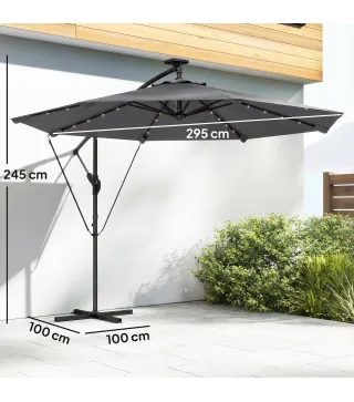 Parasol Excéntrico con Luces LED Solares 330x295 cm Sombrilla con Base Cruzada Manivela Funda Protectora Gris Oscuro