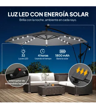 Parasol Excéntrico con Luces LED Solares 330x295 cm Sombrilla con Base Cruzada Manivela Funda Protectora Gris Oscuro