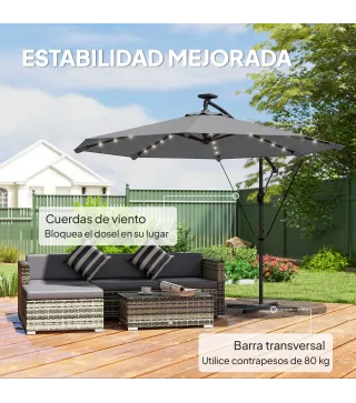 Parasol Excéntrico con Luces LED Solares 330x295 cm Sombrilla con Base Cruzada Manivela Funda Protectora Gris Oscuro