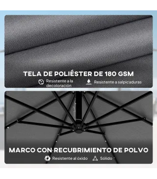 Parasol Excéntrico con Luces LED Solares 330x295 cm Sombrilla con Base Cruzada Manivela Funda Protectora Gris Oscuro
