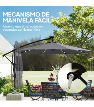 Parasol Excéntrico con Luces LED Solares 330x295 cm Sombrilla con Base Cruzada Manivela Funda Protectora Gris Oscuro