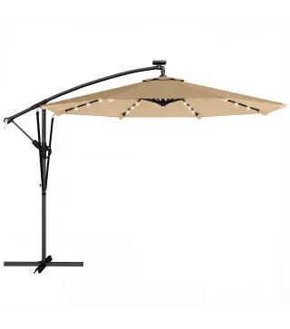 Parasol Excéntrico con Luces LED Solares 330x295 cm Sombrilla Jardín con Base Cruzada Manivela Funda Protectora Caqui