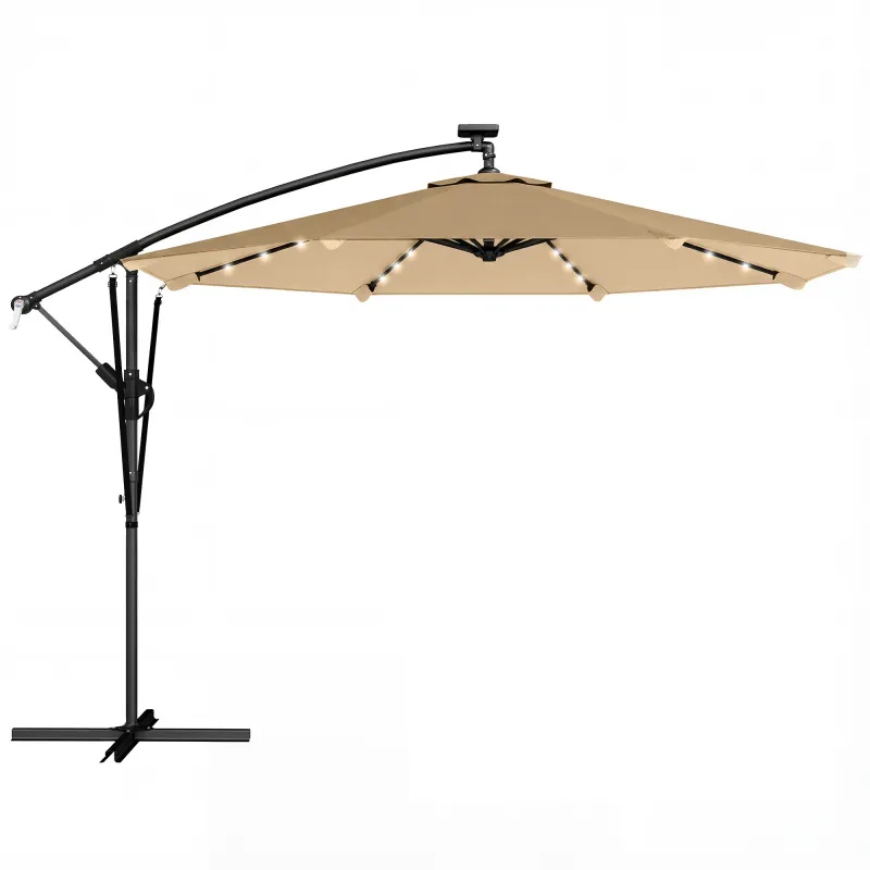Parasol Excéntrico con Luces LED Solares 330x295 cm Sombrilla Jardín con Base Cruzada Manivela Funda Protectora Caqui