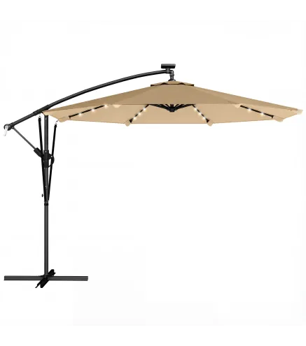 Parasol Excéntrico con Luces LED Solares 330x295 cm Sombrilla Jardín con Base Cruzada Manivela Funda Protectora Caqui