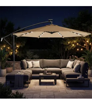 Parasol Excéntrico con Luces LED Solares 330x295 cm Sombrilla Jardín con Base Cruzada Manivela Funda Protectora Caqui